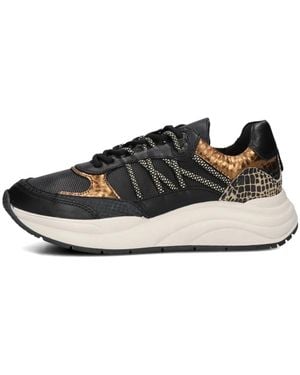 Omoda Schoenen ,Zwart ,Leer Zwarte Lage Sneakers Met Bronzen Accenten