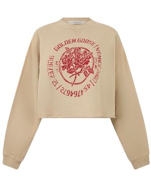 Golden Goose Hoodies & Sweatvesten ,Katoen Cropped Sweatshirt Met Print Op De Voorkant - Naturel