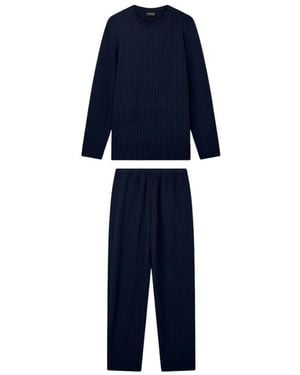 Emporio Armani Nachtkleding ,Blauw ,Polyester Lange Geribbelde Pyjamaset