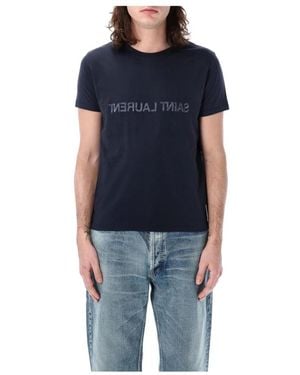 Saint Laurent Logo Print Baumwoll-T-Shirt - Blau