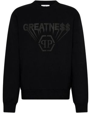 Philipp Plein Hoodies & Sweatvesten ,Zwart ,Katoen Fleece Ronde Hals Sweater Grote Maten