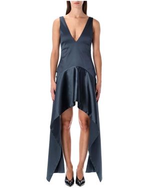 JW Anderson Stahlblaues V-Ausschnitt Kleid Mit High-Low Saum