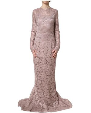 Dolce & Gabbana Pink Lace Long Sleeves Evening Gown Dress - Brown