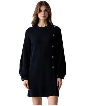 Liu Jo Kleedjes ,Blauw ,Polyester Gebreide Jurk Met Juweelknopen - Zwart