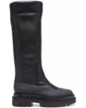 Santoni Ribbed Leather Knee-High Boots - Black