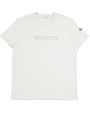 Moncler Tops ,Groen ,Katoen T-Shirt Met Logo-Borduring - Wit