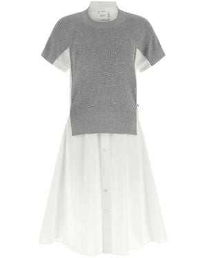 Sacai Kleedjes ,Veelkleurig ,Katoen Hybrid Katoenen Midi Jurk - Grijs
