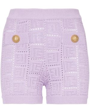 Balmain Monogrammed Openwork Knit Mini Shorts - Paars