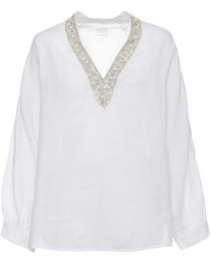 120% Lino V-Hals Blouse Met Versieringen - Wit