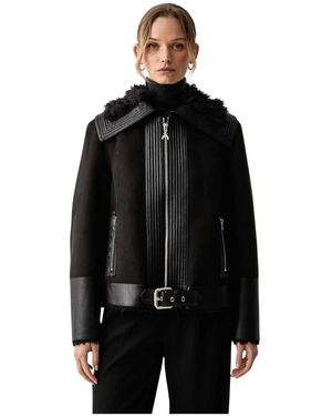 Patrizia Pepe Jassen ,Zwart ,Polyester Bikerjack Met Pluizige Details
