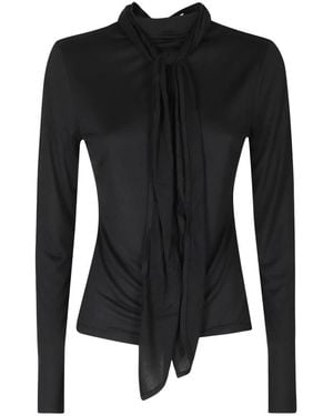 Vince Tops ,Zwart ,Leer Jersey Top Met Strikkraag Lange Mouwen