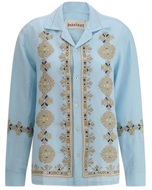 BAZISZT Rose besticktes hemd mit taschen - Blau