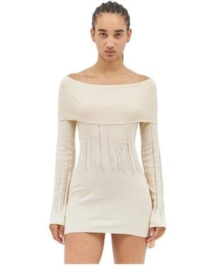 AYA MUSE Leiterstrickkleid Bandeau-Ausschnitt Lange Ärmel - Weiß