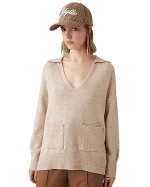 Suncoo Stylish Knitted V-Neck Jumper - Natural