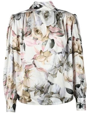 Nineminutes Overhemden ,Veelkleurig ,Polyester Blouse Met Pofmouwen En Lintkraag - Grijs