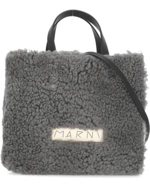 Marni Grijze Leren Handtas Met Bontdetails - Grijs