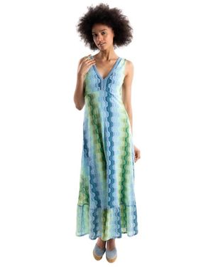 PHO® Firenze Kleedjes ,Veelkleurig ,Katoen Lange Mouwloze Jurk - Blauw