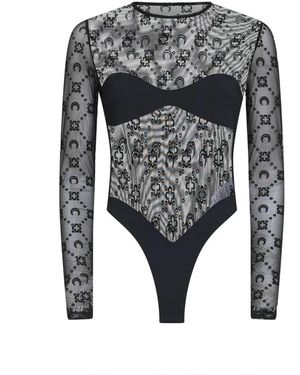 Marine Serre Tops ,Zwart ,Tweed Moonogram Mesh Flock Bodysuit Top - Grijs