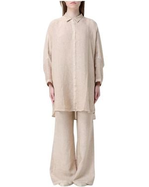 120% Lino Linnen Shirt Wijde Pijp Broek Set - Naturel