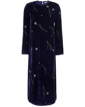 forte_forte Fleurs D'Orient Samt Midi Kleid - Blau