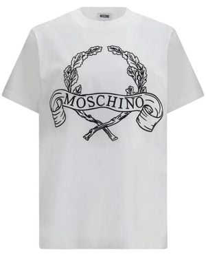 Moschino Tops ,Wit ,Katoen Maxi Laurel Crown Embroidery T-Shirt - Grijs