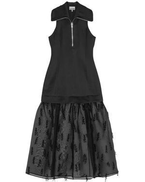 Ganni Fringed Organza Long Dress - Black