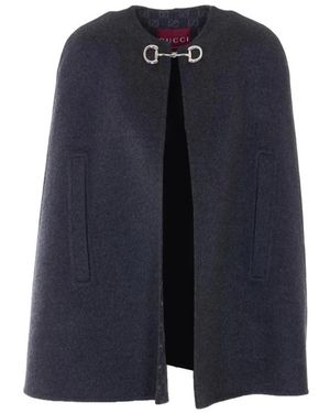Gucci Jassen ,Grijs ,Wol Zijden Wollen Cape Met Horsebit - Blauw