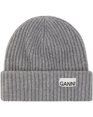 Ganni Accessoires ,Grijs ,Wol Logo-Patch Rib-Knit Muts