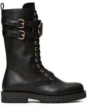 Twinset Schoenen ,Zwart ,Leer Zwarte Amfibie Leren Enkellaarzen