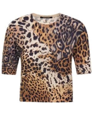 Roberto Cavalli Truien & Vesten ,Bruin ,Wol Malachite Print Gebreide Top Met Korte Mouwen