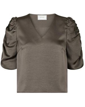 Neo Noir Sateen Bluse Warmes Grau Stilvoller V-Ausschnitt