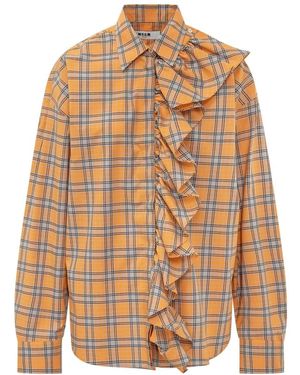 MSGM Overhemden ,Oranje ,Katoen Geruite Poplin Blouse Met Ruches - Bruin