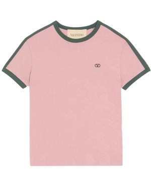 Valentino Tops ,Roze ,Katoen Katoenen T-Shirt Met Ronde Hals, Contrasterende Zijstrepen En Vlogo-Borduurwerk