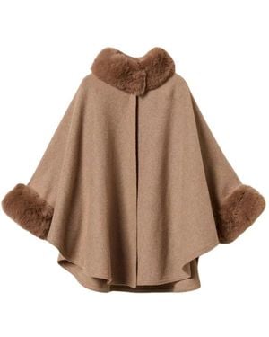 Twinset Poncho Aus Stoff Und Kunstpelz - Braun