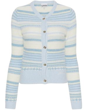 Ganni Gestreifter Weicher Woll-Cardigan - Blau