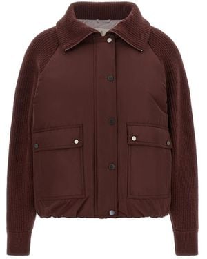 Brunello Cucinelli Jacke Aus Techno-Crinkle-Baumwolle Mit Strickärmeln - Braun