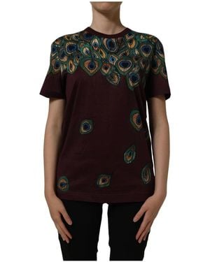 Dolce & Gabbana Tops ,Veelkleurig ,Katoen Katoenen T-Shirt Met Pauwenprint - Zwart