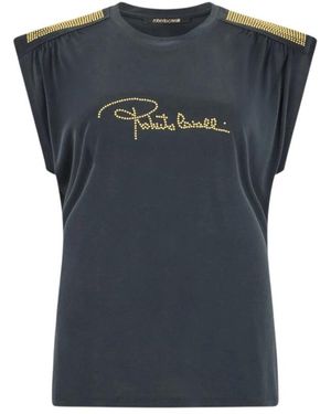 Roberto Cavalli Antraciet T-Shirt Met Studs Op De Schouders - Blauw