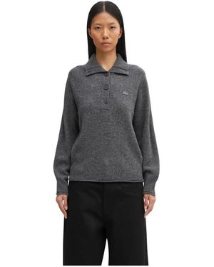 Lacoste 3D Gebreide Trui Met Halve Knopen En Hoge Kraag - Grijs