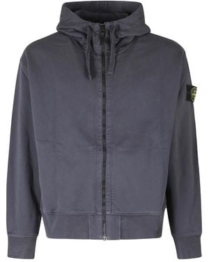 Stone Island Hoodie Met Rits Van Katoenfleece - Blauw