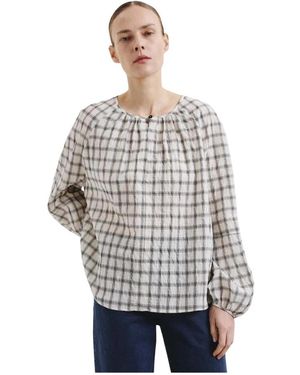 Pomandère Overhemden ,Grijs ,Katoen Blouse Van Geruite Katoenen Stof Met Ruchesdetail Aan De Hals