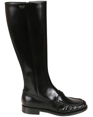 Prada Schoenen ,Zwart ,Leer Loaferlaarzen Van Geborsteld Leer
