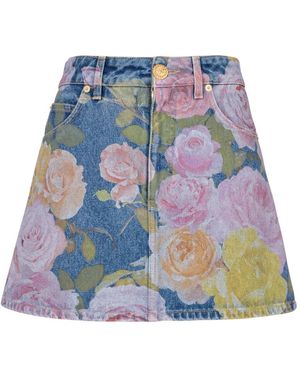 Balmain Pastel Roses Bedrukte Denim Rok - Blauw