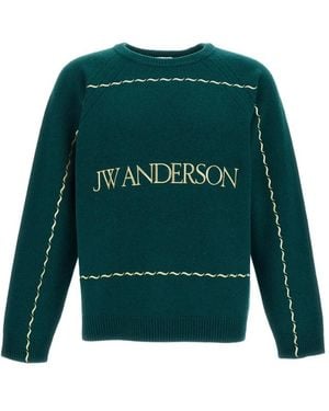JW Anderson Truien & Vesten ,Groen ,Wol Trui Met Geborduurd Logo En Golvende Steek