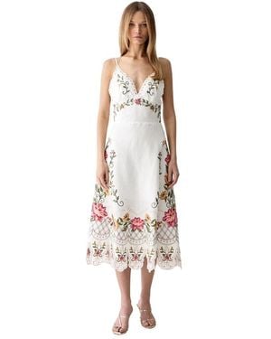 FARM Rio Midi-Kleid Mit Blumenstickerei Und Asymmetrischem Saum - Weiß
