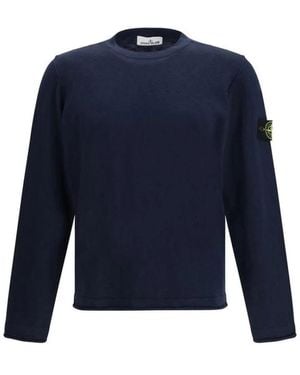 Stone Island Katoenen Sweater Met Ronde Hals En Geribbelde Zoom - Blauw