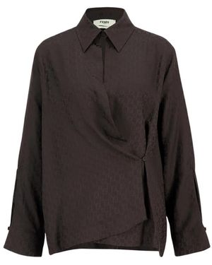 Fendi Overhemden ,Bruin ,Silk Ff Jacquard Gedrapeerde Blouse - Zwart