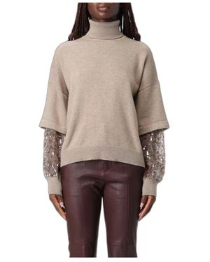 Brunello Cucinelli Turtleneck Trui Met Paillettenmouwen - Naturel
