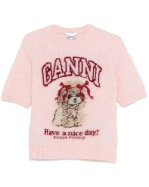 Ganni Truien & Vesten ,Roze ,Wol Alpaca Grafisch Gebreid T-Shirt