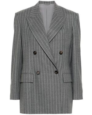 Brunello Cucinelli Pinstripe Wolljacke Mit Peak Revers - Grau